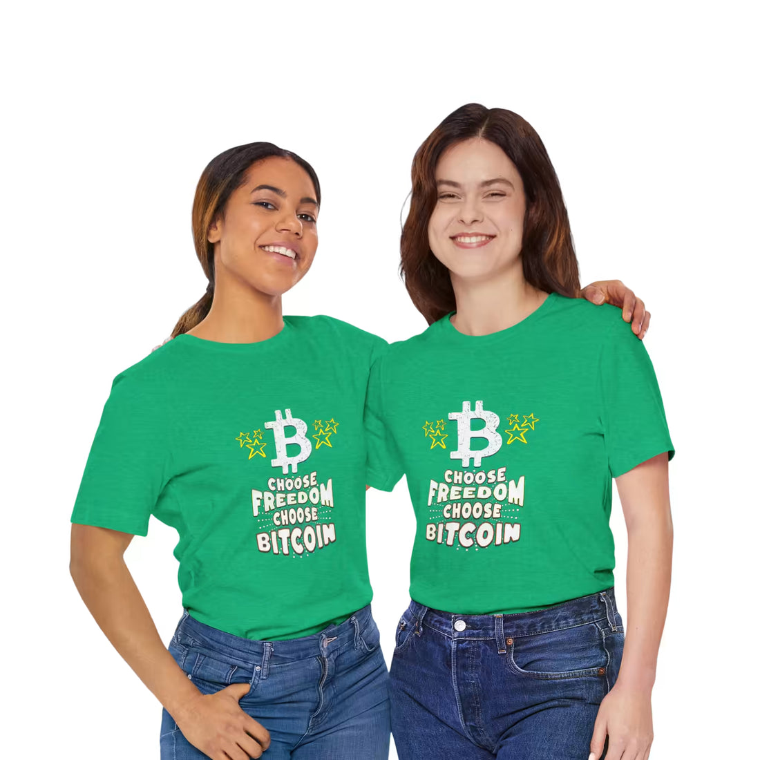 Duo models front view in heather kelly green Choose Freedom Choose Bitcoin t-shirts. United for decentralized money.