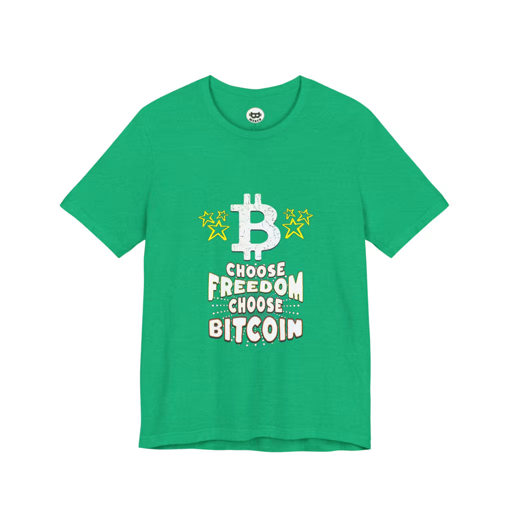 Flat lay of the heather kelly green Choose Freedom Choose Bitcoin t-shirt, a durable Bella Canvas 3001 staple.