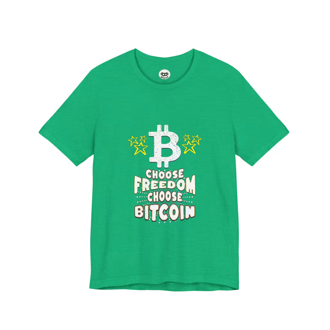 Flat lay of the heather kelly green Choose Freedom Choose Bitcoin t-shirt, a durable Bella Canvas 3001 staple.