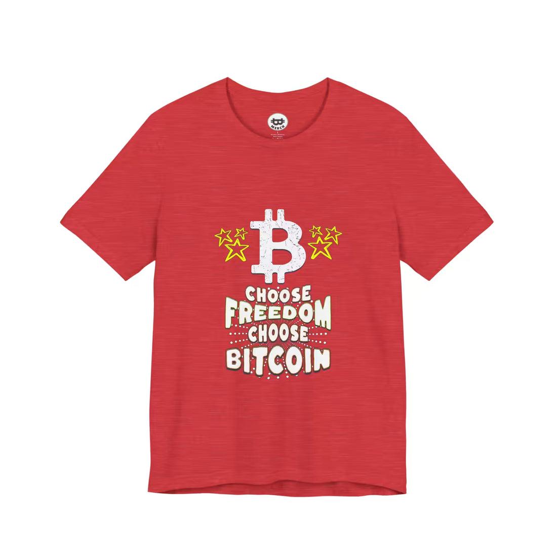 Flat lay view of the heather red Choose Freedom Choose Bitcoin t-shirt. A Bella Canvas 3001 staple for maximalists.