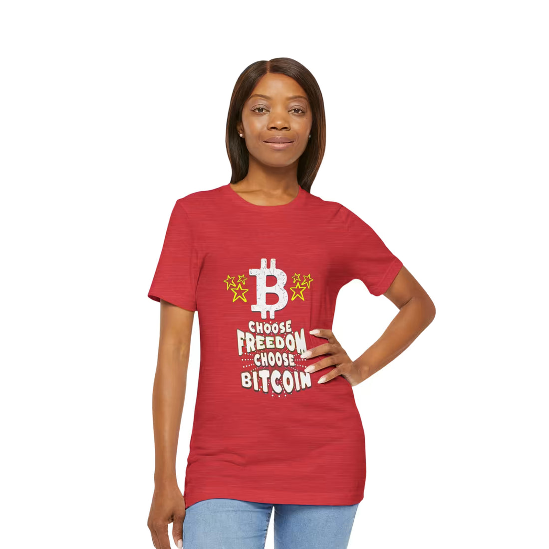 Front view of a model wearing the heather red Choose Freedom Choose Bitcoin t-shirt, opting out of the fiat system.