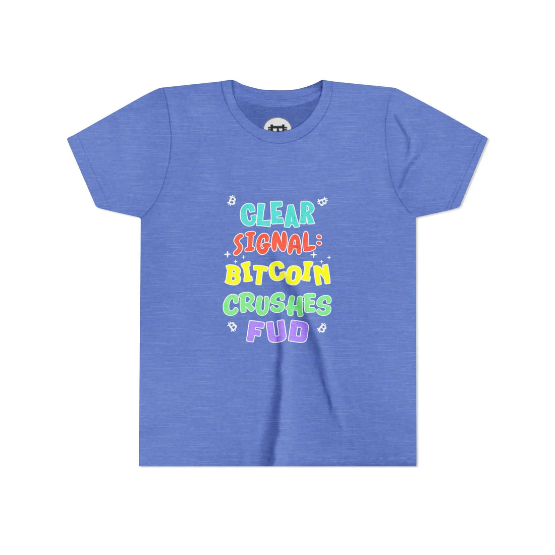 Clear Signal Bitcoin Crushes FUD Youth T-Shirt - Heather Columbia Blue - Bella Canvas 3001Y Flat View - Bitcoin Merch