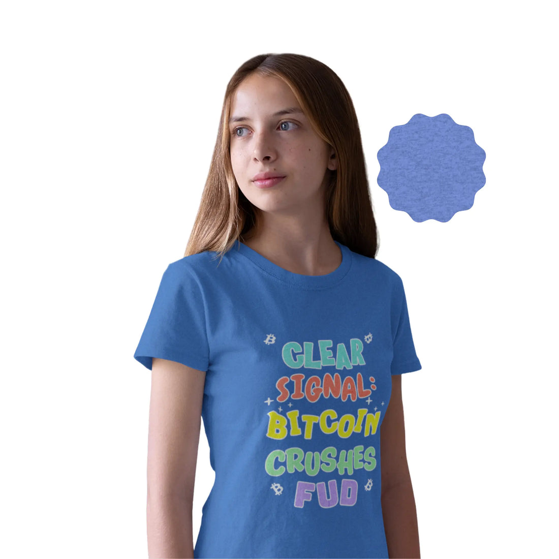Clear Signal Bitcoin Crushes FUD Youth T-Shirt - Heather Columbia Blue - Bella Canvas 3001Y Model Front - Bitcoin Merch