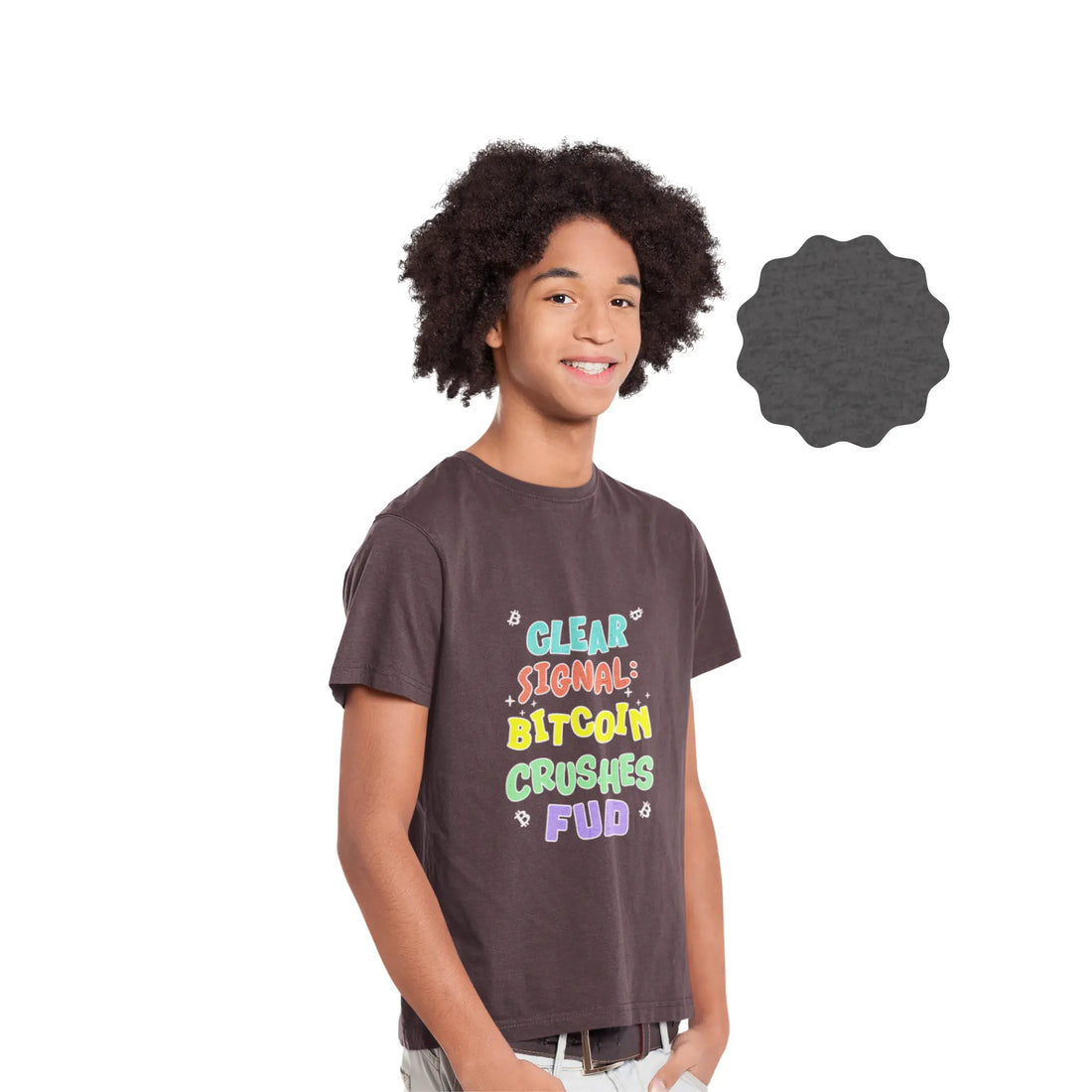 Clear Signal Bitcoin Crushes FUD Youth T-Shirt - Dark Heather Grey - Bella Canvas 3001Y Model Front - Bitcoin Apparel