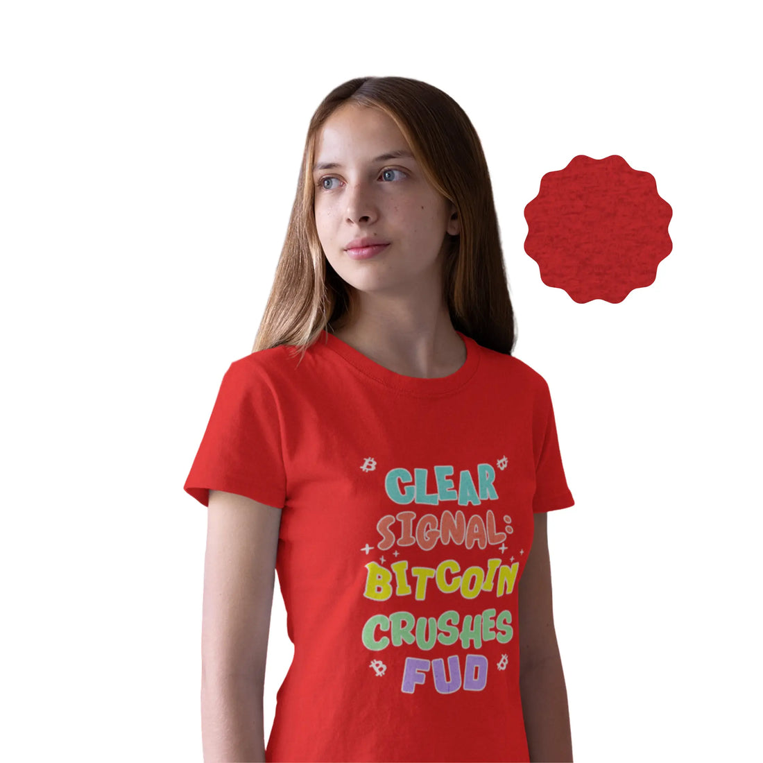 Clear Signal Bitcoin Crushes FUD Youth T-Shirt - Heather Red - Bella Canvas 3001Y Model Front - Bitcoin Apparel