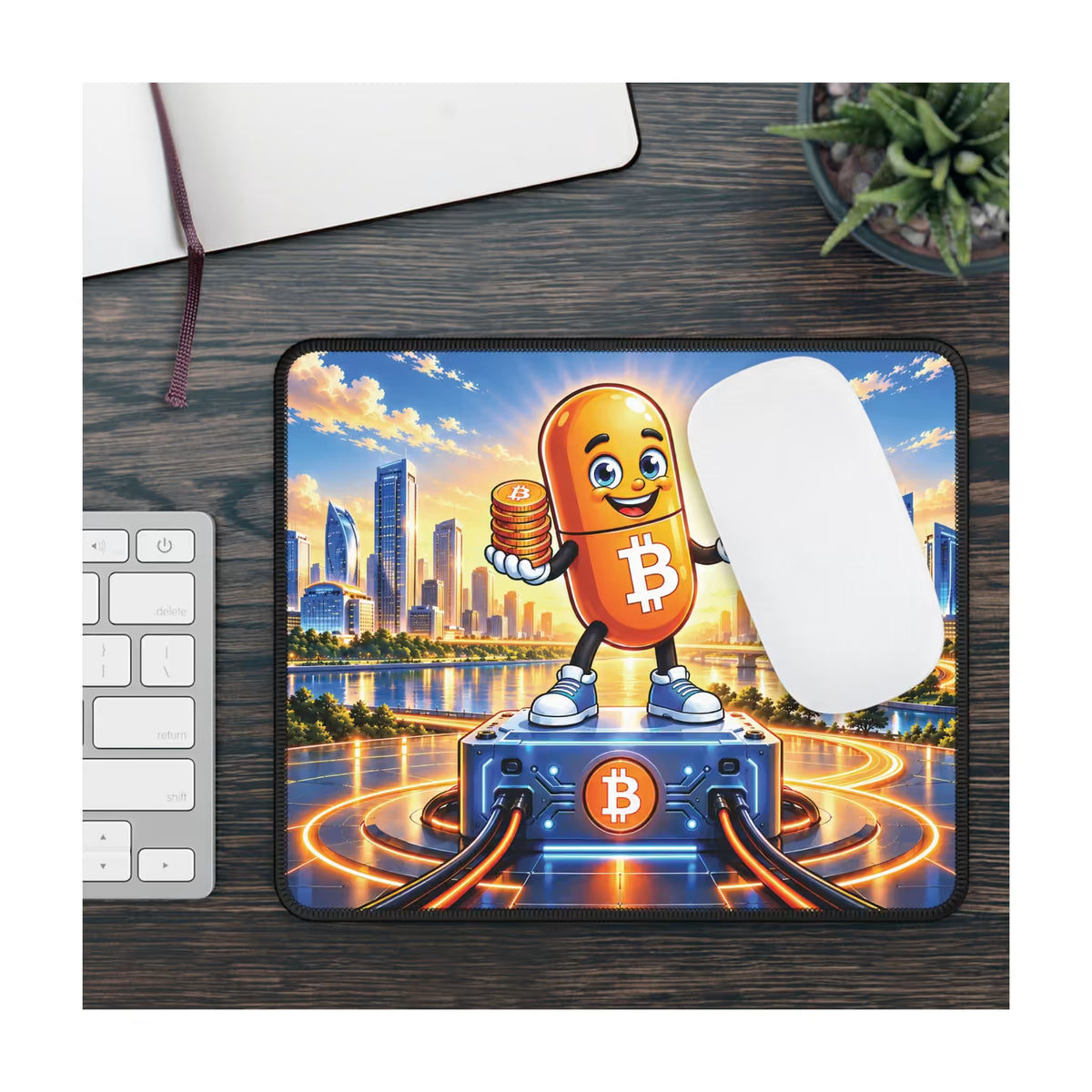 Discover Bitcoin Mouse Pad on a dark wood desk with a white mouse and keyboard