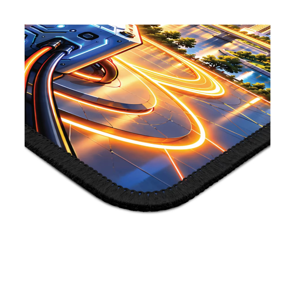 Close-up of Discover Bitcoin Mouse Pad showing glowing circuit artwork, printed surface, and black stitched edge