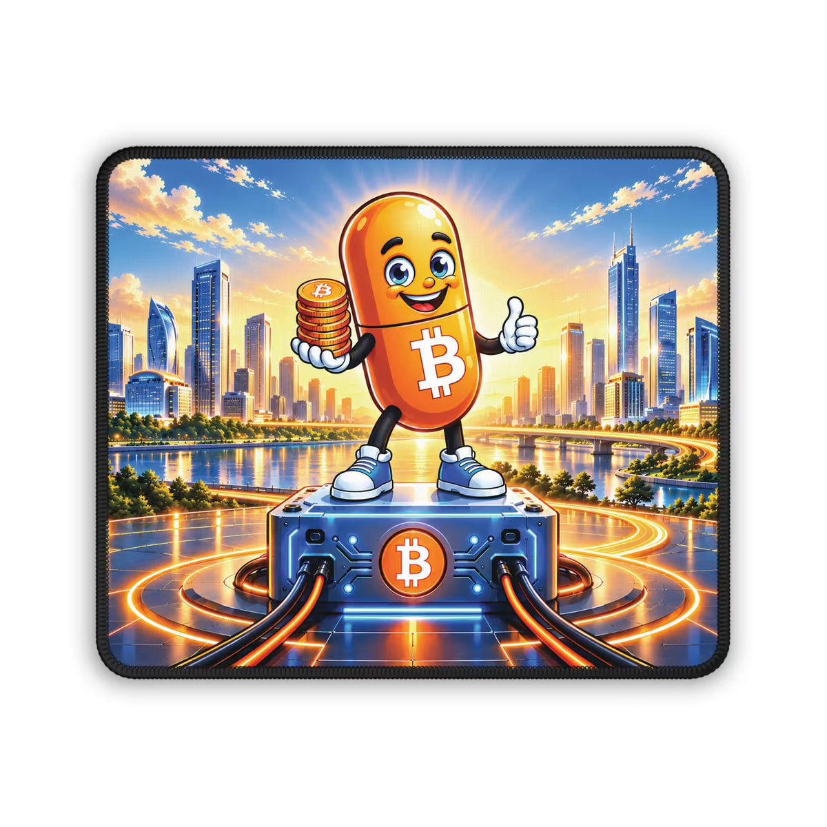 Discover Bitcoin Mouse Pad with Bitcoin character holding coins above a futuristic city and network-inspired platform