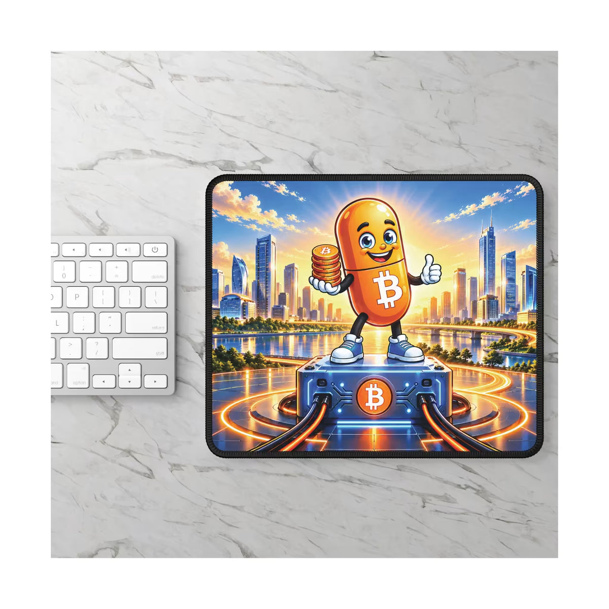 Discover Bitcoin Mouse Pad displayed on a light marble desk beside a white keyboard