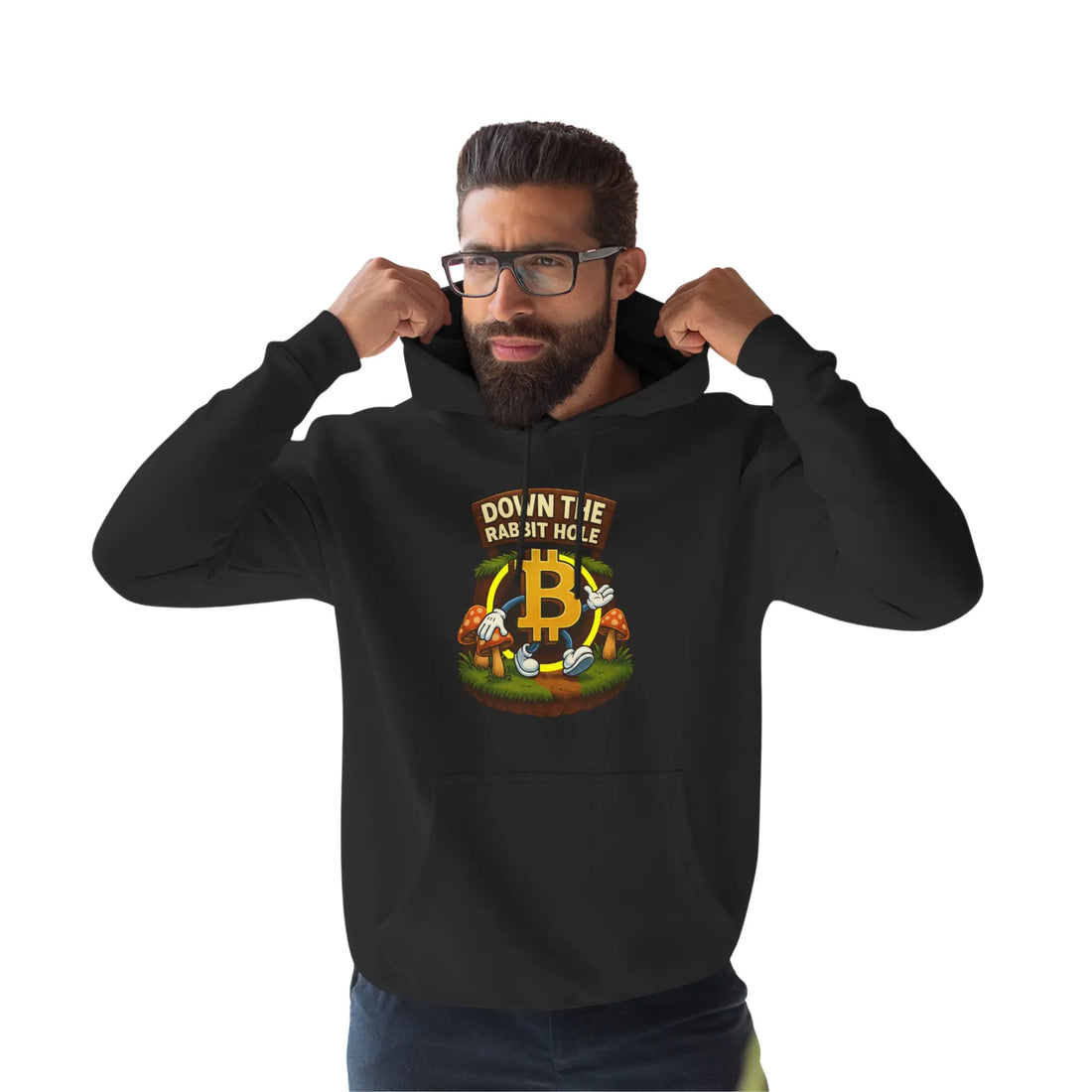 Down The Bitcoin Rabbit Hole Hoodie - Black - Lane Seven LS14001 Model Front - Sovereign Bitcoin Gear