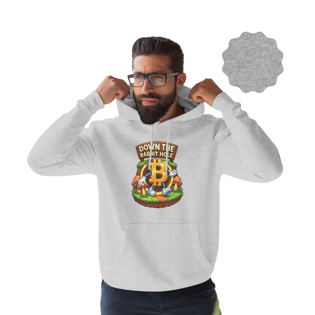 Down The Bitcoin Rabbit Hole Hoodie - Heather Grey - Lane Seven LS14001 Model Front - Sovereign Bitcoin Gear