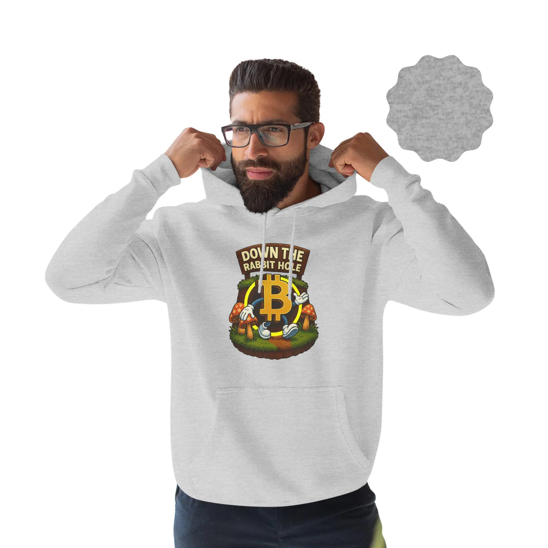 Down The Bitcoin Rabbit Hole Hoodie - Heather Grey - Lane Seven LS14001 Model Front - Sovereign Bitcoin Gear