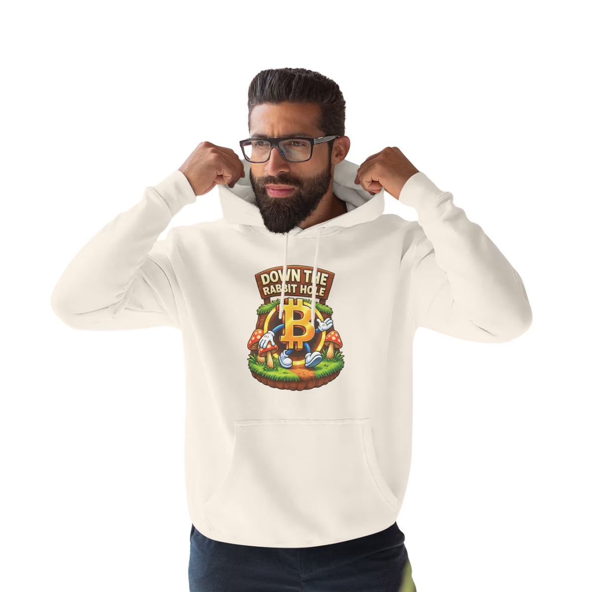 Down The Bitcoin Rabbit Hole Unisex Hoodie - Sandshell - Lane Seven LS14001 Model Front View - Sovereign Bitcoin Gear
