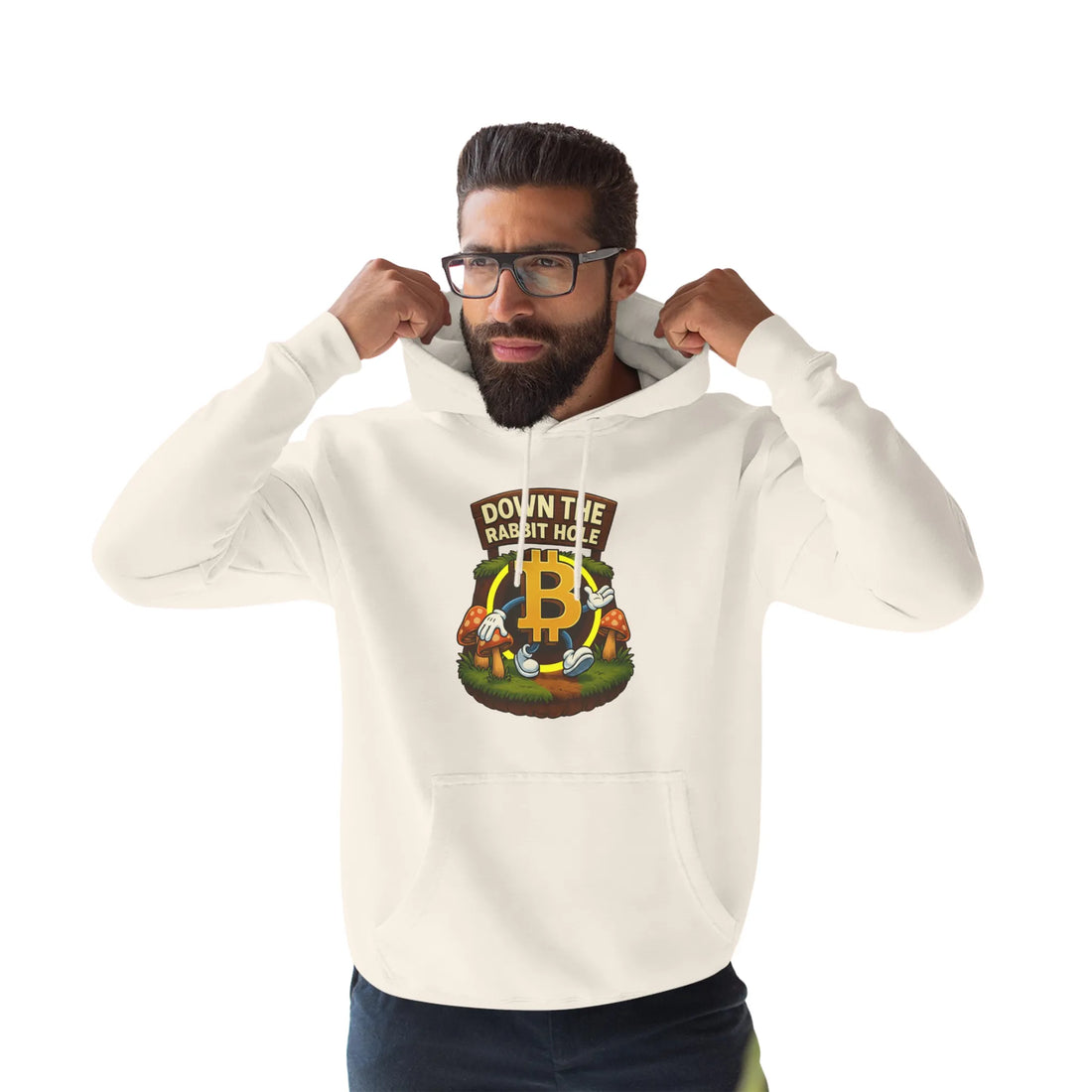 Down The Bitcoin Rabbit Hole Unisex Hoodie - Sandshell - Lane Seven LS14001 Model Front View - Sovereign Bitcoin Gear
