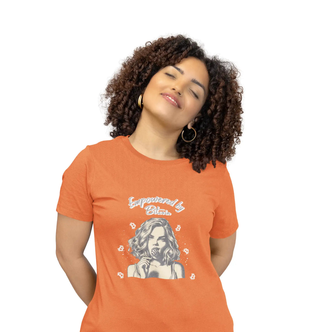 Empowered by Bitcoin Womens Tee - Orange - Bella Canvas 6004 Slim Fit Model Front - Sovereign Bitcoin Gear