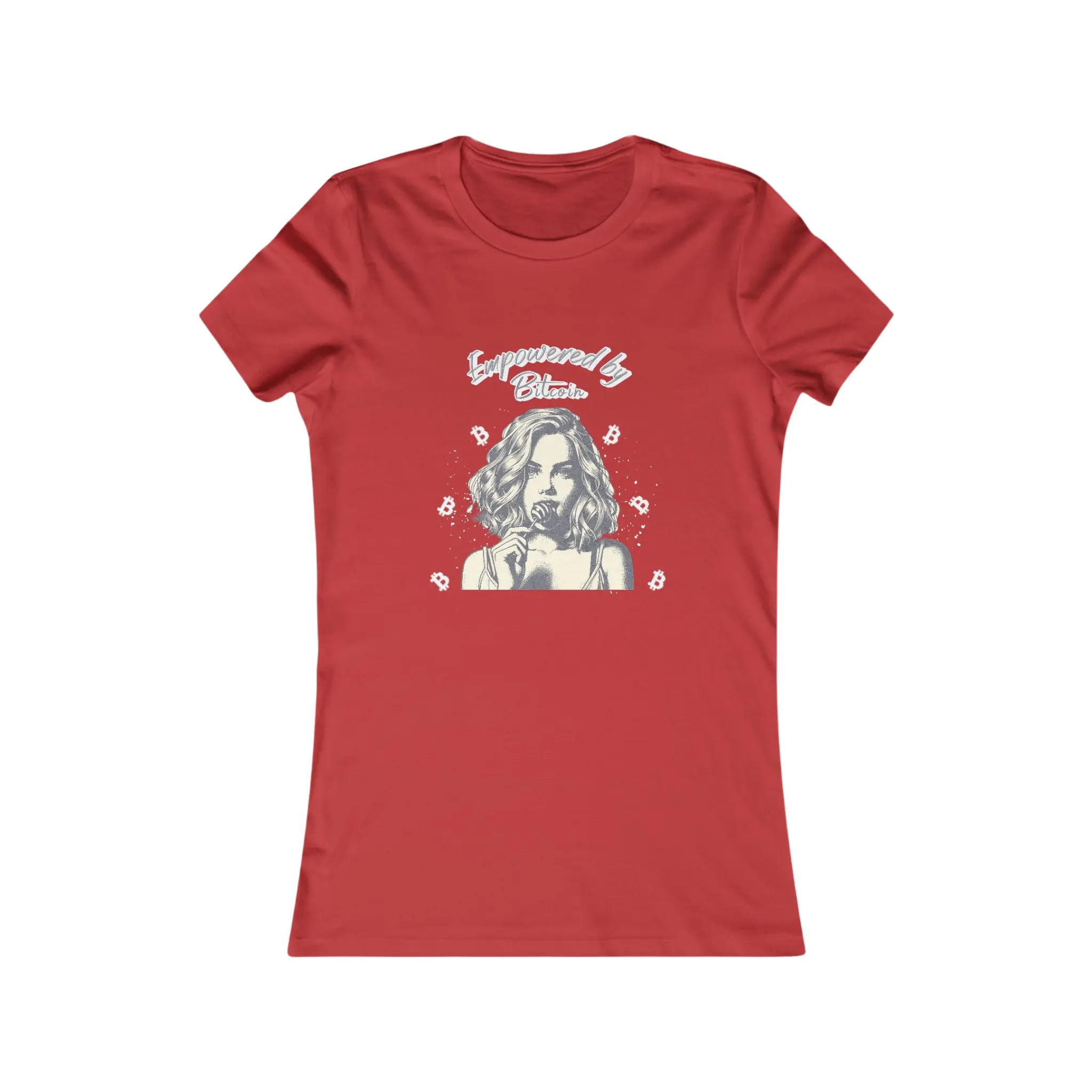 Empowered by Bitcoin Womens Tee - Red - Bella Canvas 6004 Slim Fit Flat View - Sovereign Bitcoin Gear
