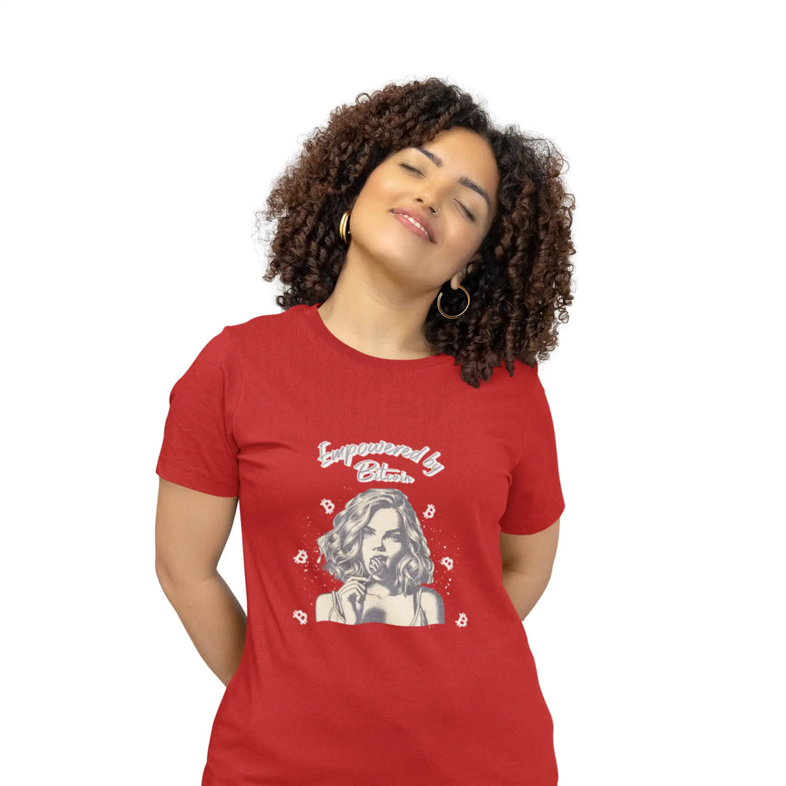 Empowered by Bitcoin Womens Tee - Red - Bella Canvas 6004 Slim Fit Model Front - Sovereign Bitcoin Gear