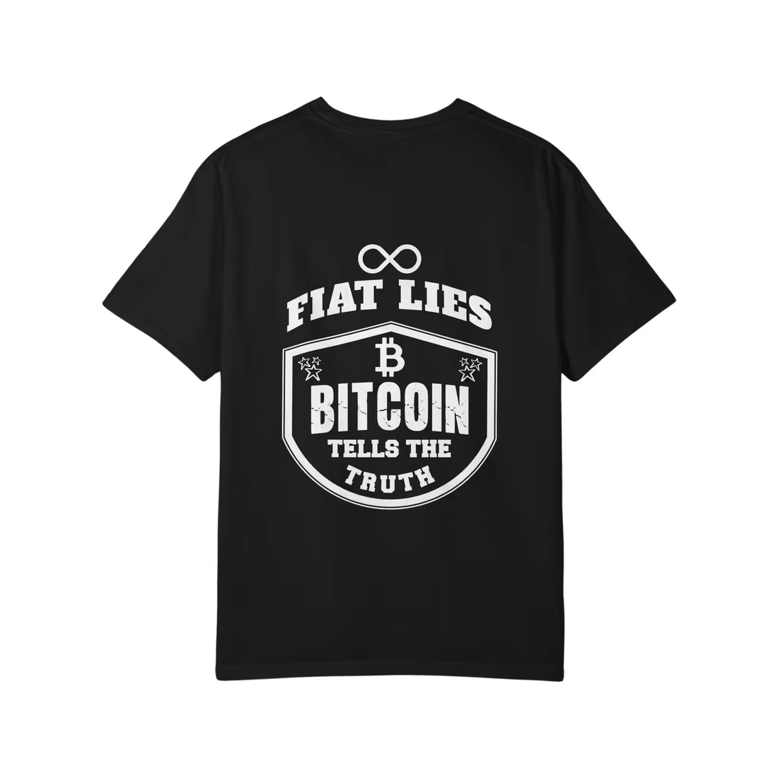 Flat back view of the black Fiat Lies Bitcoin Tells the Truth t-shirt, highlighting the Comfort Colors 1717 fabric.