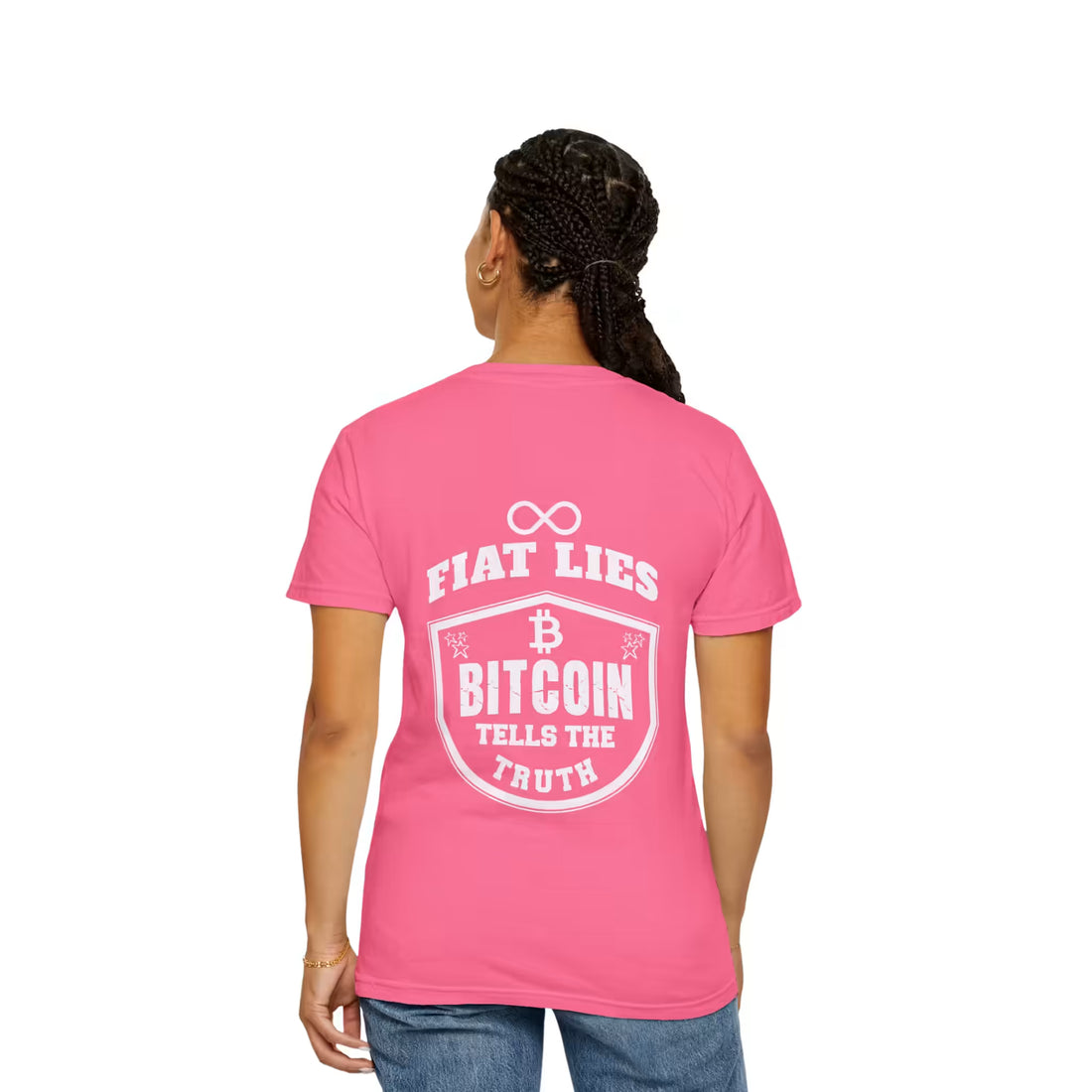 Back model view of crunchberry Comfort Colors 1717 Bitcoin T-shirt with Fiat Lies Bitcoin Tells the Truth print