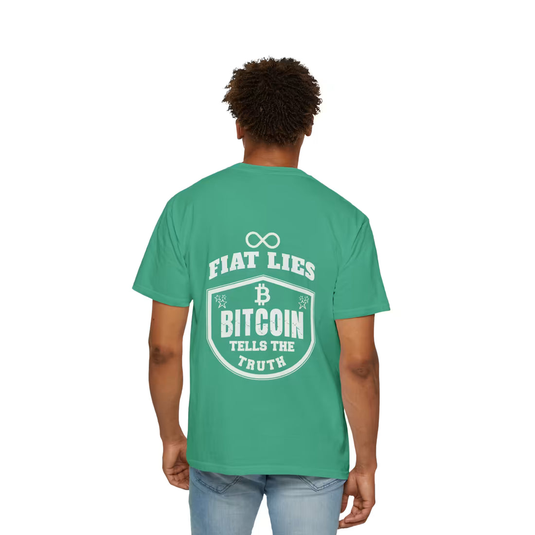 Island Green Comfort Colors 1717 Bitcoin T-shirt back model view with Fiat Lies Bitcoin Tells the Truth print cotton tee