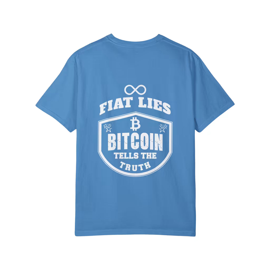Royal Caribe Comfort Colors 1717 Bitcoin T-shirt back flat lay with educational Bitcoin truth message