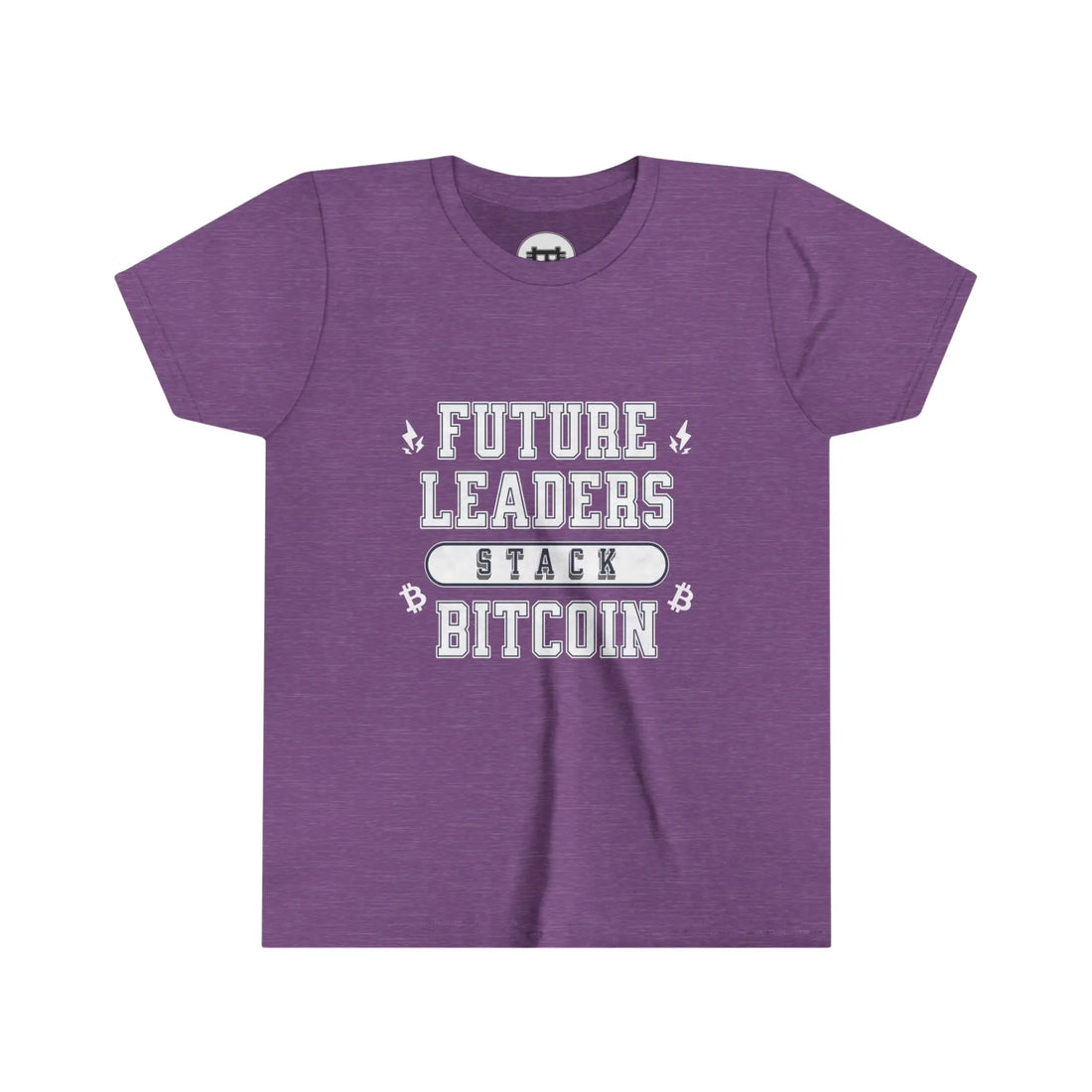 Future Leaders Stack Bitcoin Youth T-Shirt - Heather Team Purple - Bella Canvas 3001Y Flat View - Bitcoin Merch