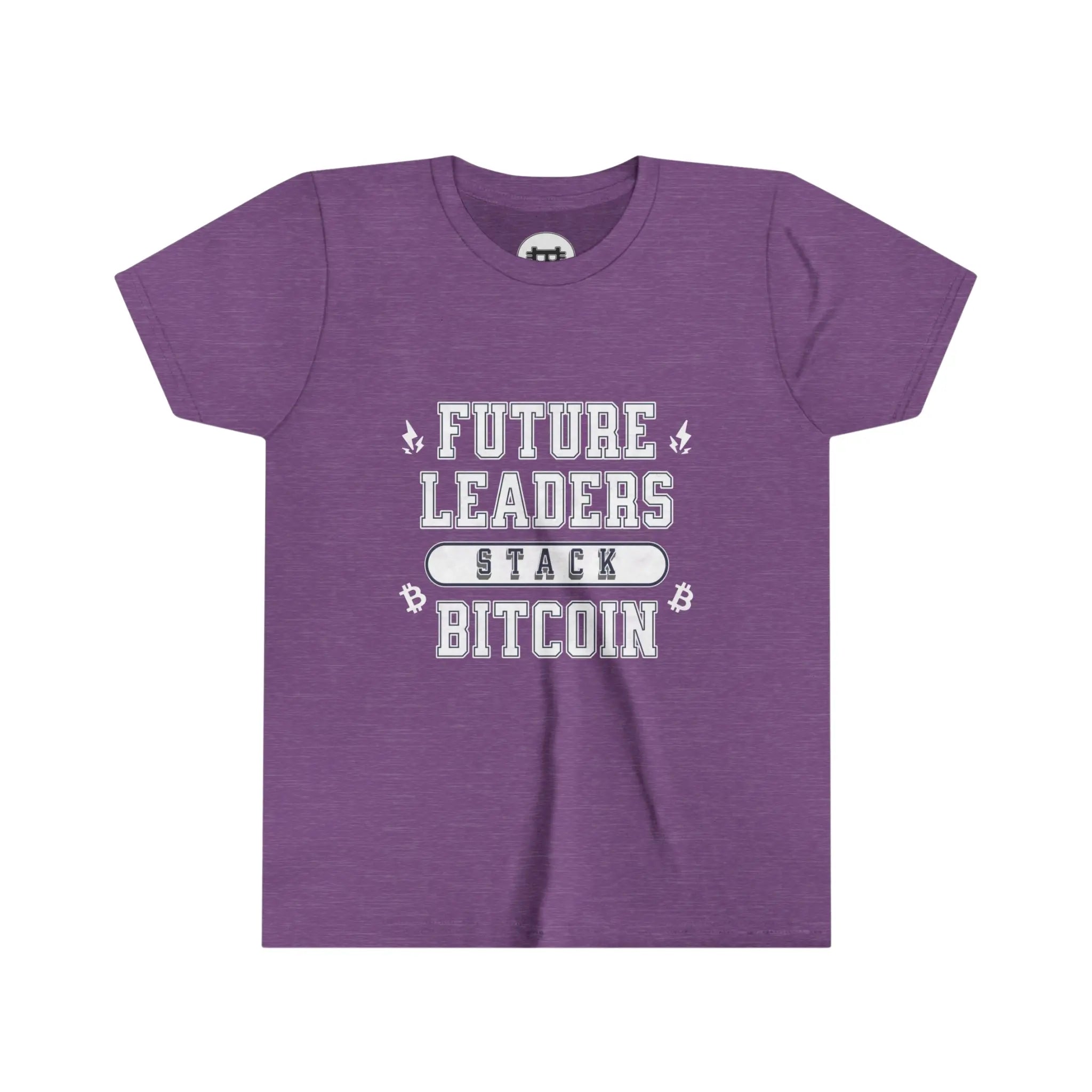 Future Leaders Stack Bitcoin Youth T-Shirt - Heather Team Purple - Bella Canvas 3001Y Flat View - Bitcoin Merch