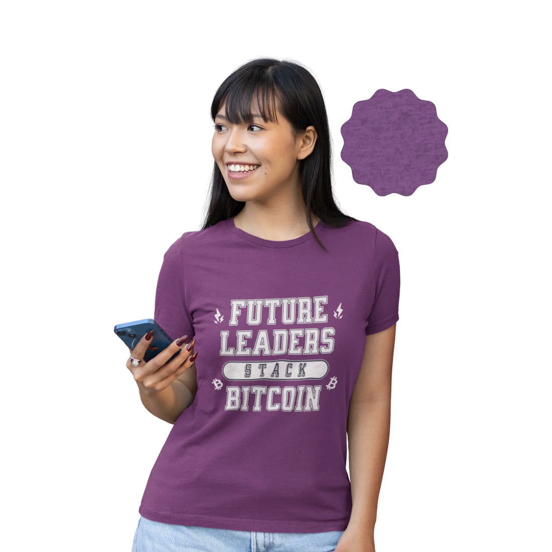 Future Leaders Stack Bitcoin Youth T-Shirt - Heather Team Purple - Bella Canvas 3001Y Model Front - Bitcoin Merch