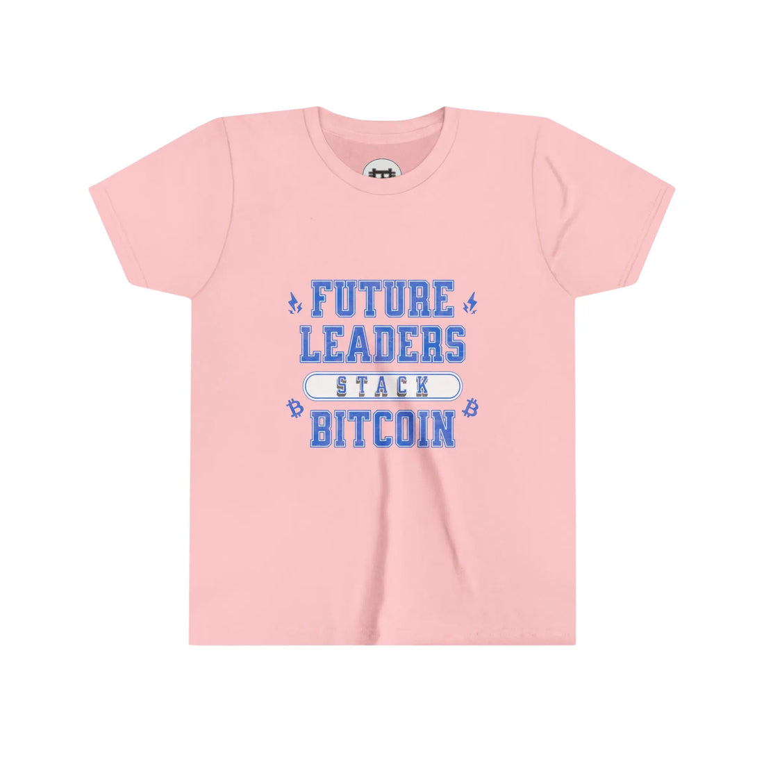 Future Leaders Stack Bitcoin Youth T-Shirt - Pink - Bella Canvas 3001Y Flat Design View - Bitcoin Apparel
