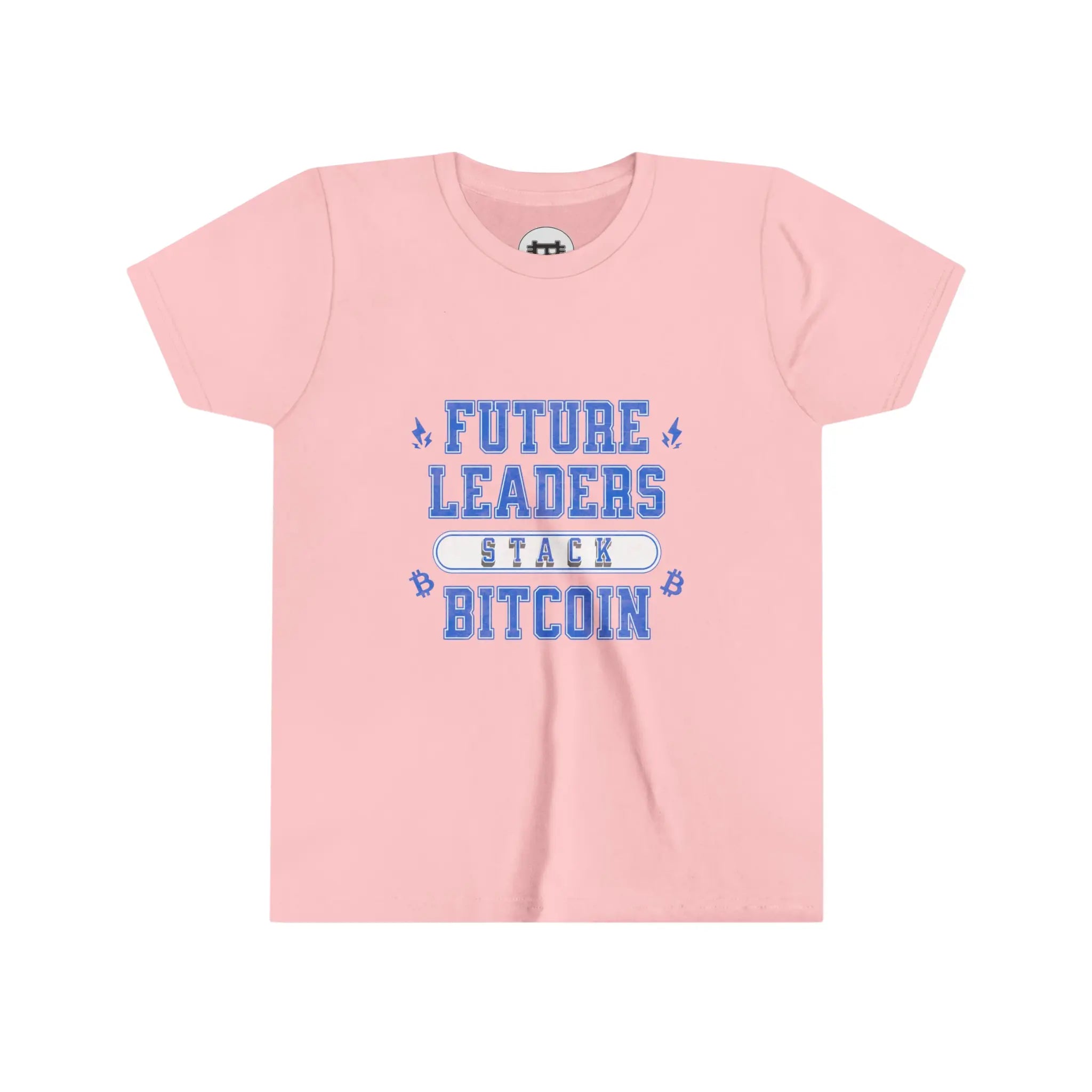 Future Leaders Stack Bitcoin Youth T-Shirt - Pink - Bella Canvas 3001Y Flat Design View - Bitcoin Apparel