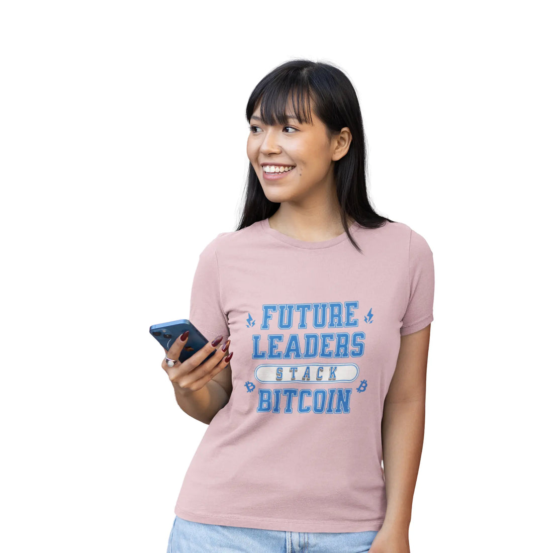 Future Leaders Stack Bitcoin Youth T-Shirt - Pink - Bella Canvas 3001Y Model Front View - Bitcoin Apparel