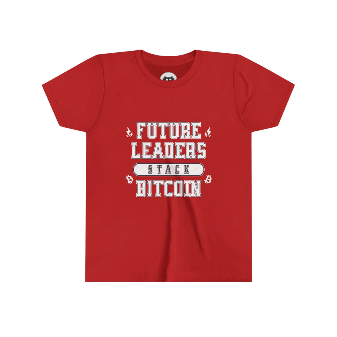 Future Leaders Stack Bitcoin Youth T-Shirt - Red - Bella Canvas 3001Y Flat Design View - Bitcoin Apparel