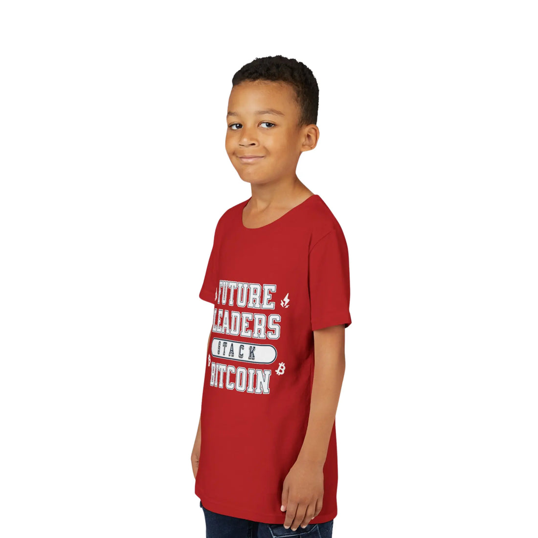 Future Leaders Stack Bitcoin Youth T-Shirt - Red - Bella Canvas 3001Y Model Front View - Bitcoin Apparel