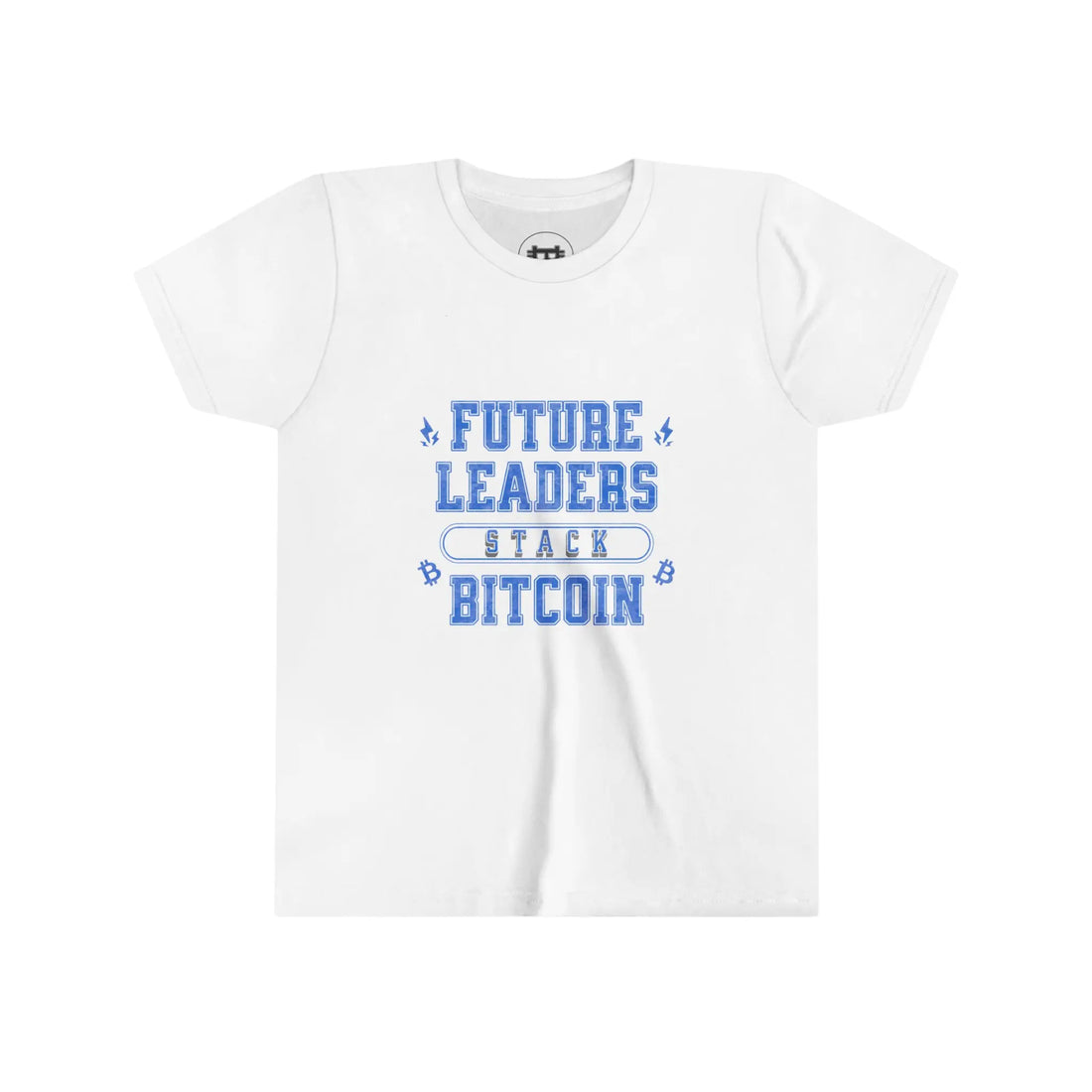 Future Leaders Stack Bitcoin Youth T-Shirt - White - Bella Canvas 3001Y Flat Design View - Classic Bitcoin Merch