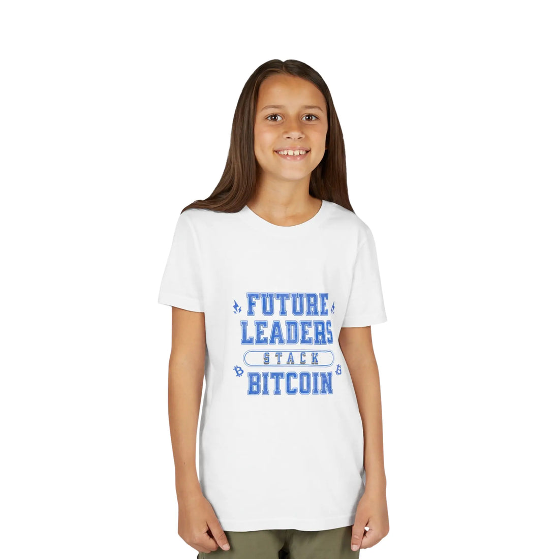 Future Leaders Stack Bitcoin Youth T-Shirt - White - Bella Canvas 3001Y Model Front View - Classic Bitcoin Merch