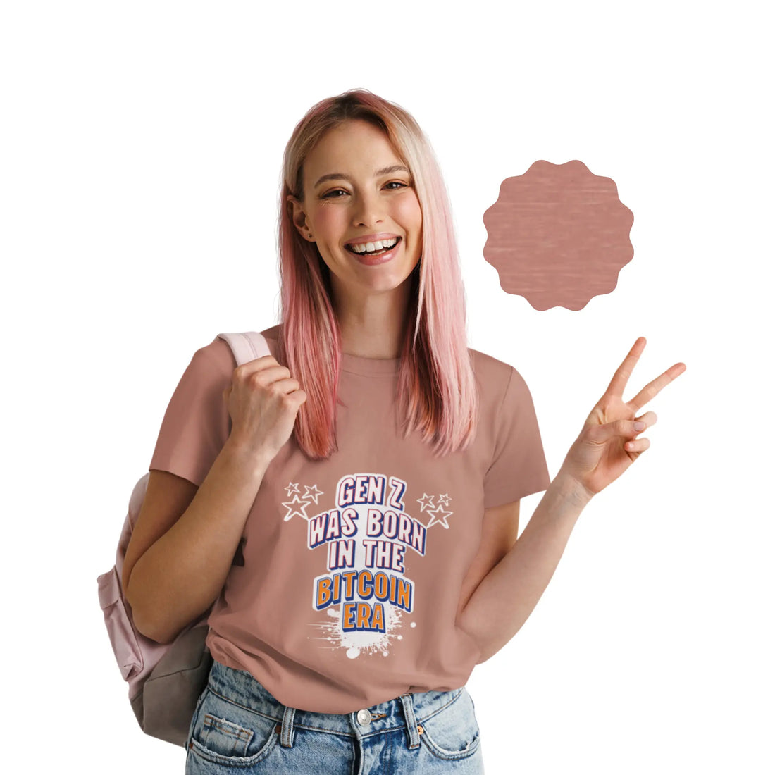 Gen Z Was Born In The Bitcoin Era Youth T-Shirt - Heather Mauve - Bella Canvas 3001Y Model Front View - Bitcoin Apparel