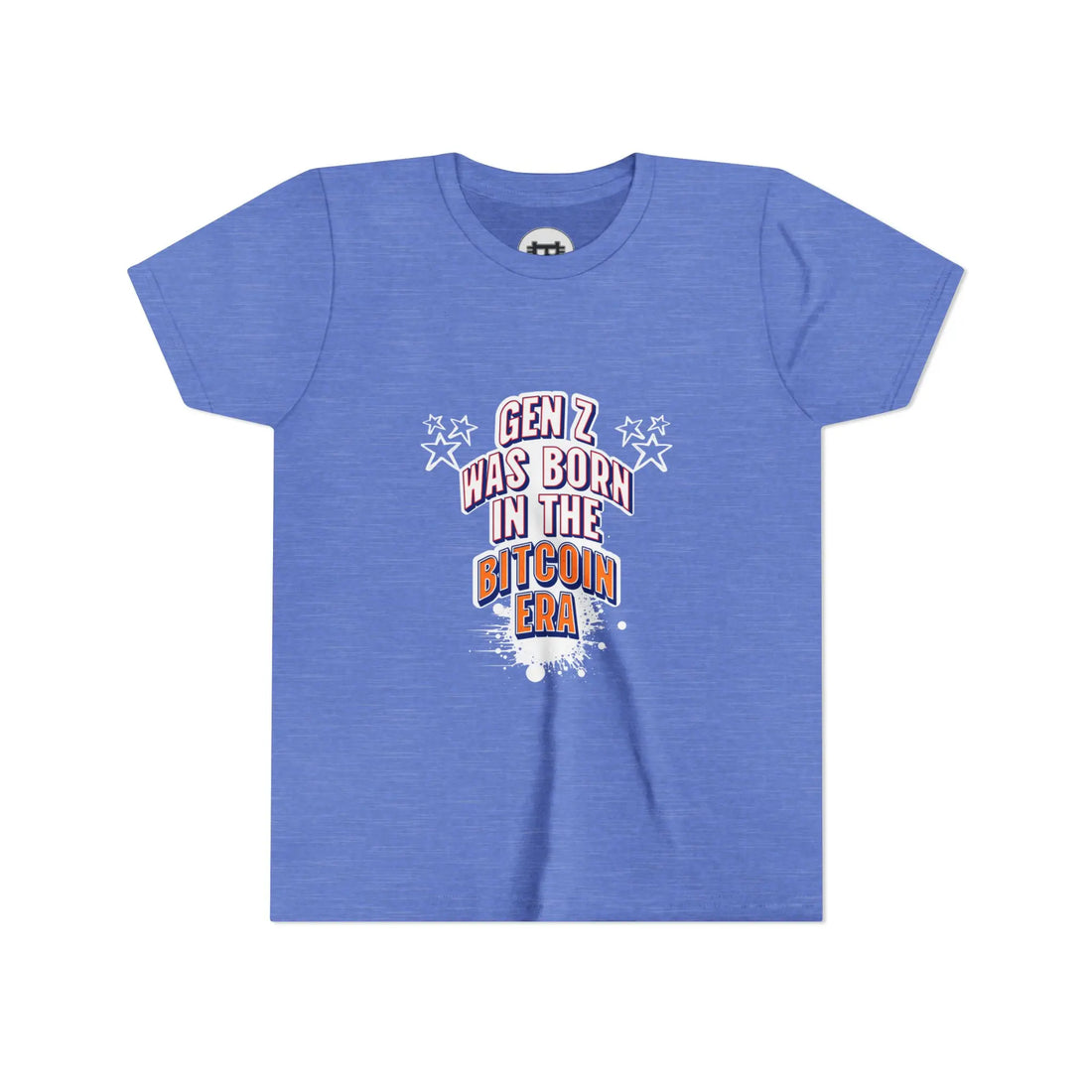 Gen Z Was Born In The Bitcoin Era Youth T-Shirt - Heather Columbia Blue - Bella Canvas 3001Y Flat View - Bitcoin Merch