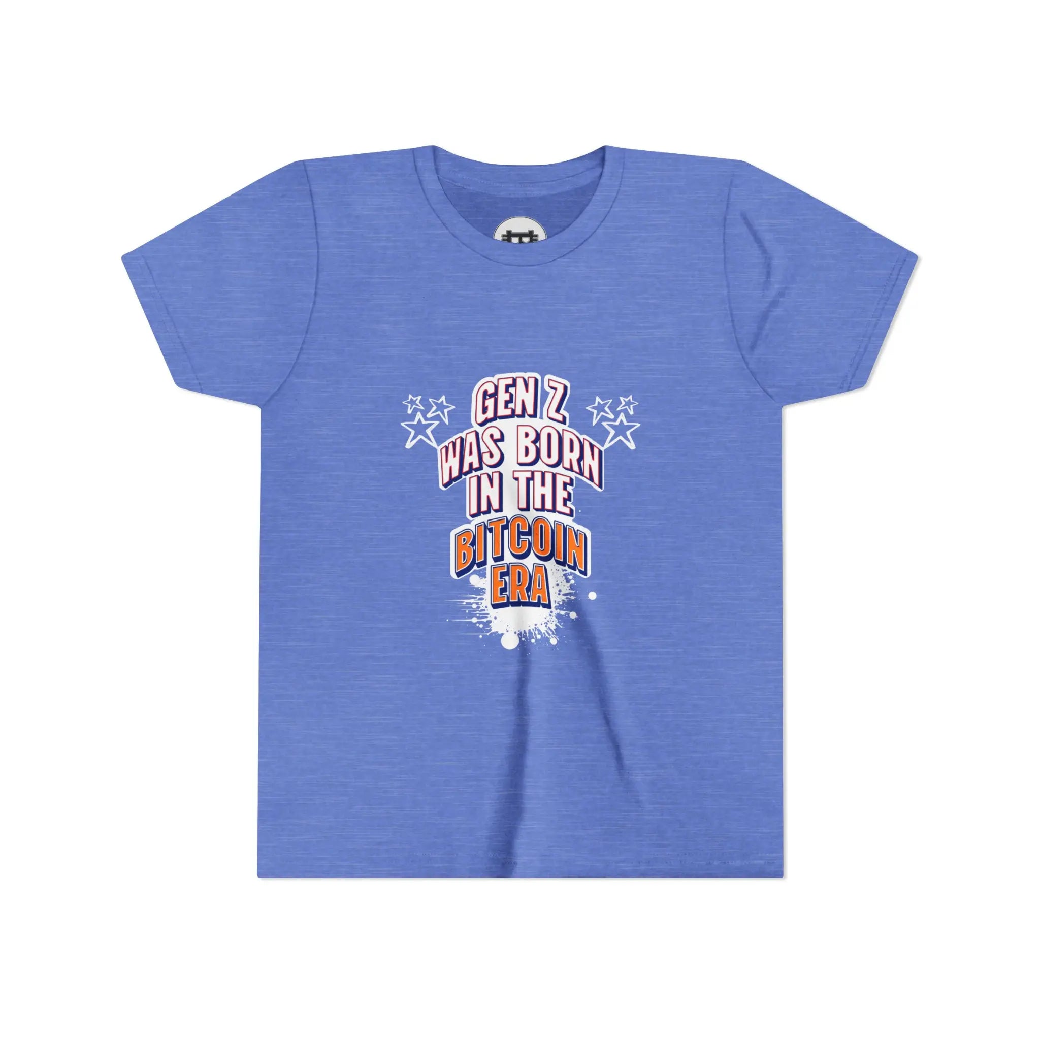 Gen Z Was Born In The Bitcoin Era Youth T-Shirt - Heather Columbia Blue - Bella Canvas 3001Y Flat View - Bitcoin Merch