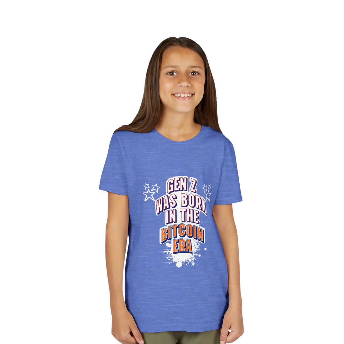 Gen Z Was Born In The Bitcoin Era Youth T-Shirt - Heather Columbia Blue - Bella Canvas 3001Y Model Front - Bitcoin Merch