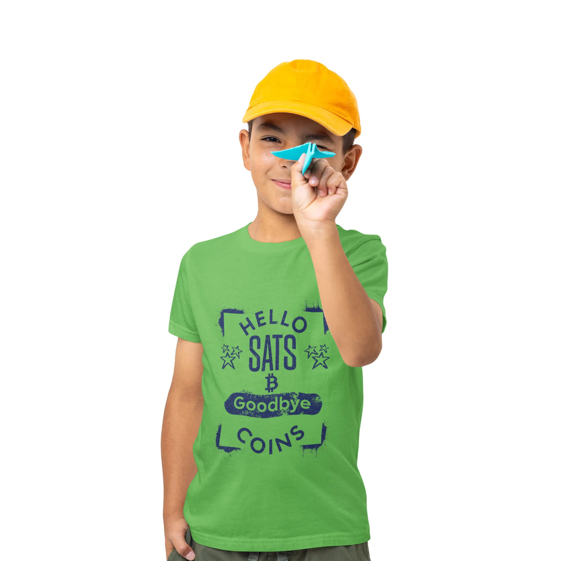 Hello Sats Goodbye Coins Kids T-Shirt - Apple - LAT 6101 Model Front View - Sovereign Bitcoin Apparel