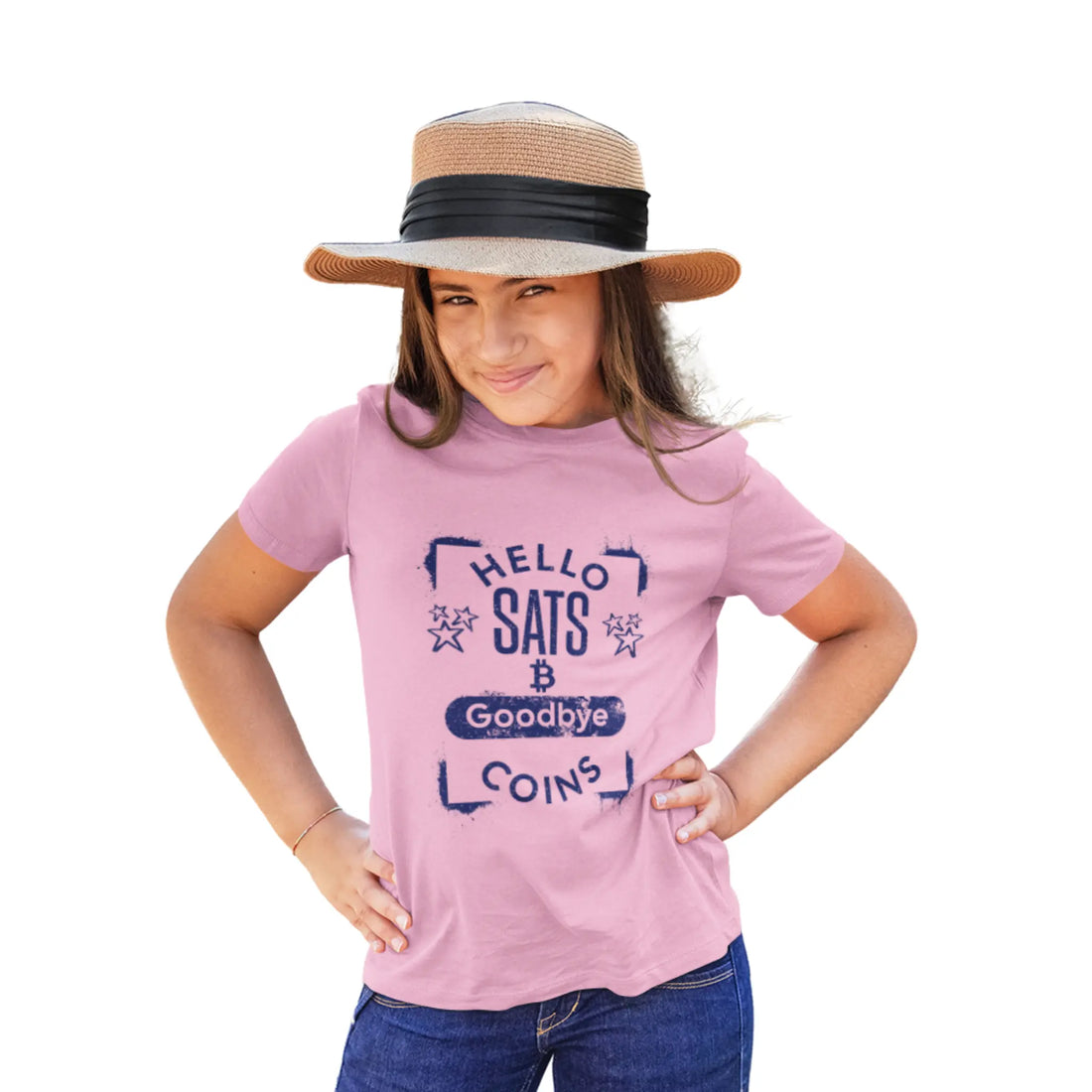 Hello Sats Goodbye Coins Kids T-Shirt - Pink - LAT 6101 Model Front View - Classic Bitcoin Merch