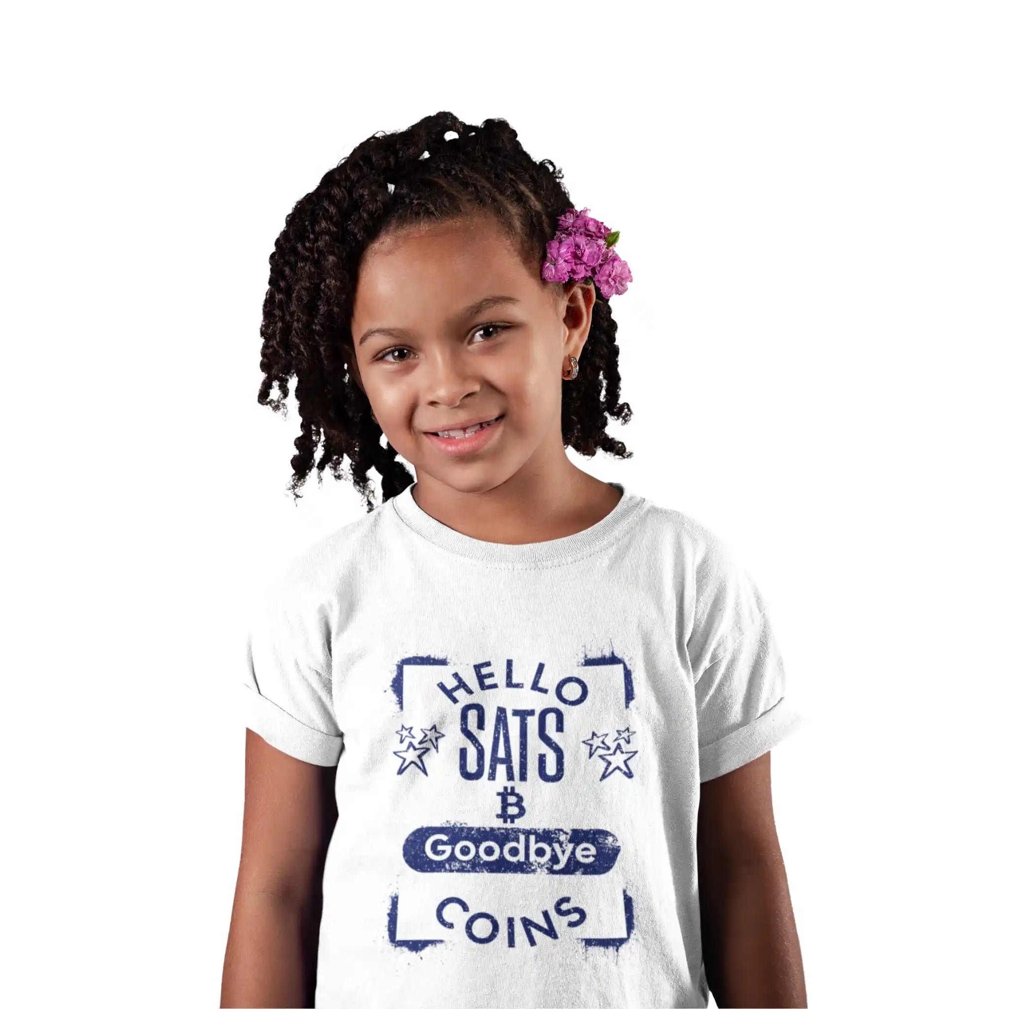 Hello Sats Goodbye Coins Kids Tee - White - LAT 6101 Model Front View - Sovereign Bitcoin Apparel