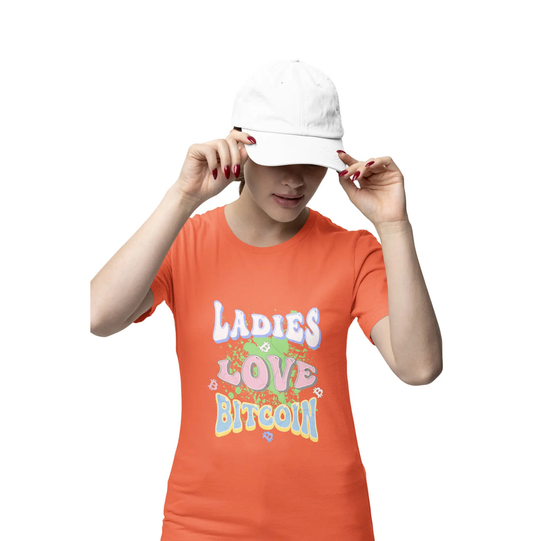 Ladies Love Bitcoin Womens Tee - Orange - Bella Canvas 6004 Slim Fit Model Front - Modern Bitcoin Wear