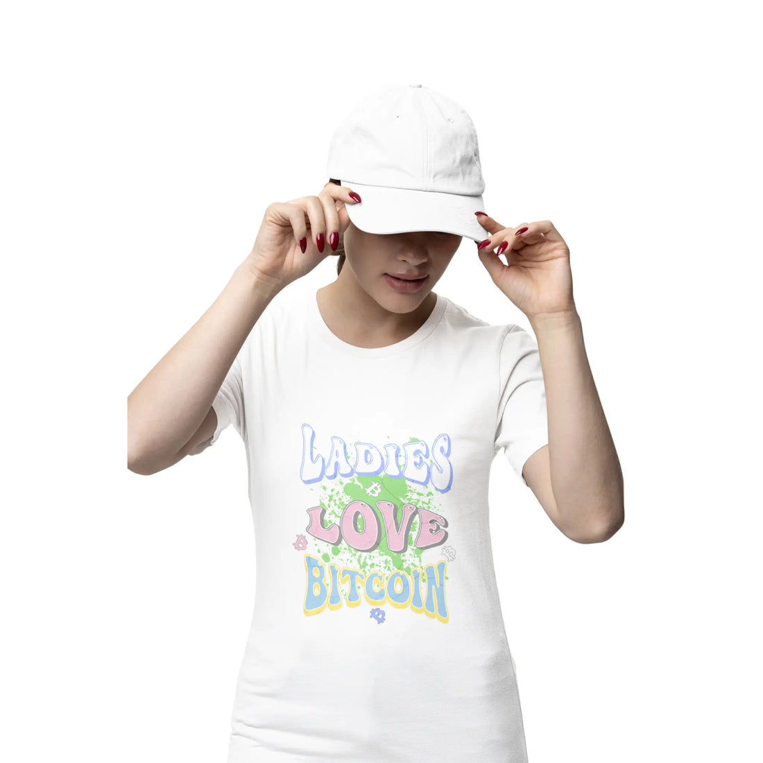 Ladies Love Bitcoin Womens Tee - White - Bella Canvas 6004 Slim Fit Model Front - Sovereign Bitcoin Gear