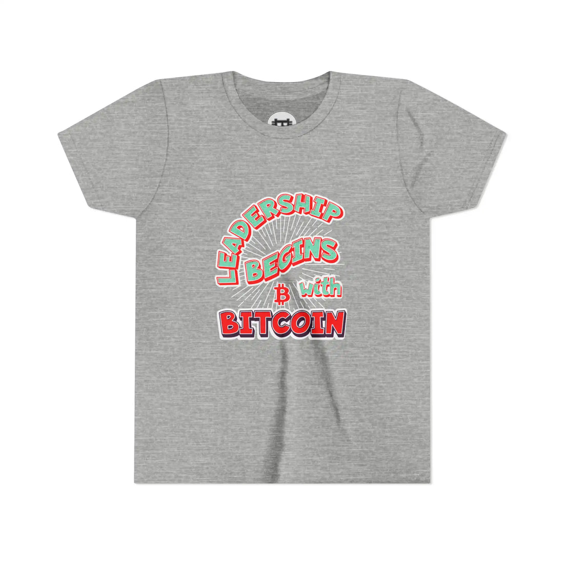 Leadership Begins With Bitcoin Youth T-Shirt - Athletic Heather - Bella Canvas 3001Y Flat View - Bitcoin Apparel
