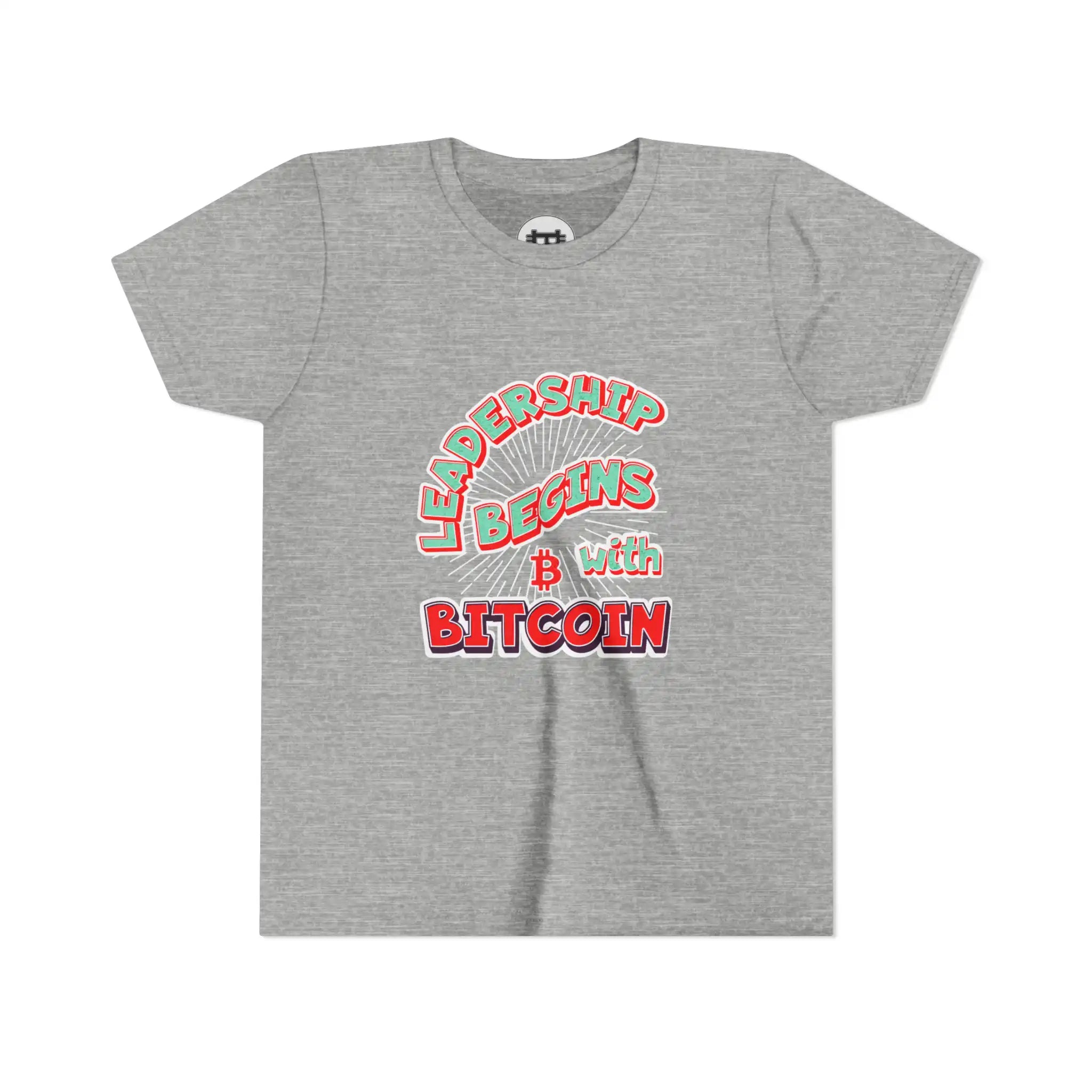 Leadership Begins With Bitcoin Youth T-Shirt - Athletic Heather - Bella Canvas 3001Y Flat View - Bitcoin Apparel