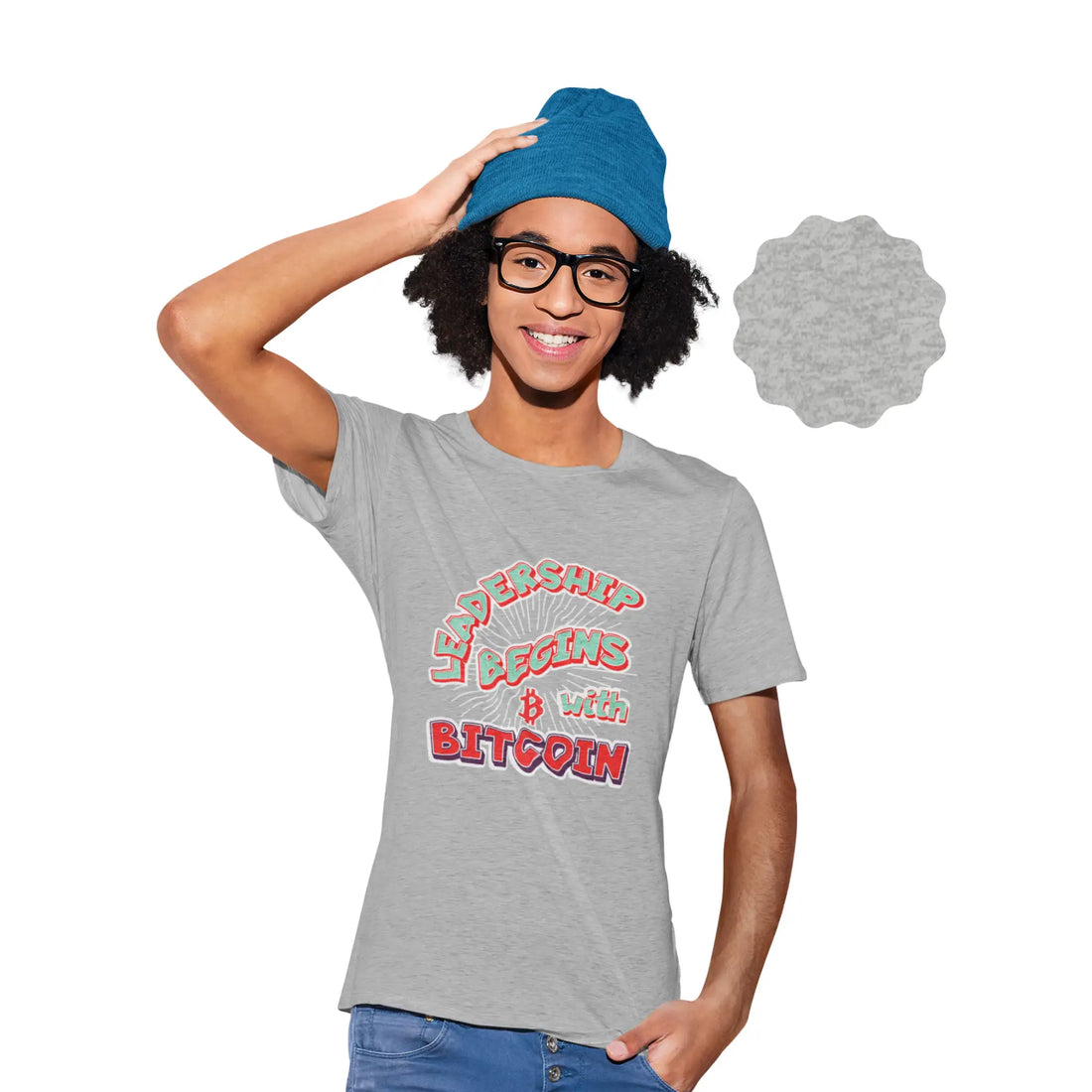 Leadership Begins With Bitcoin Youth T-Shirt - Athletic Heather - Bella Canvas 3001Y Model Front - Bitcoin Apparel