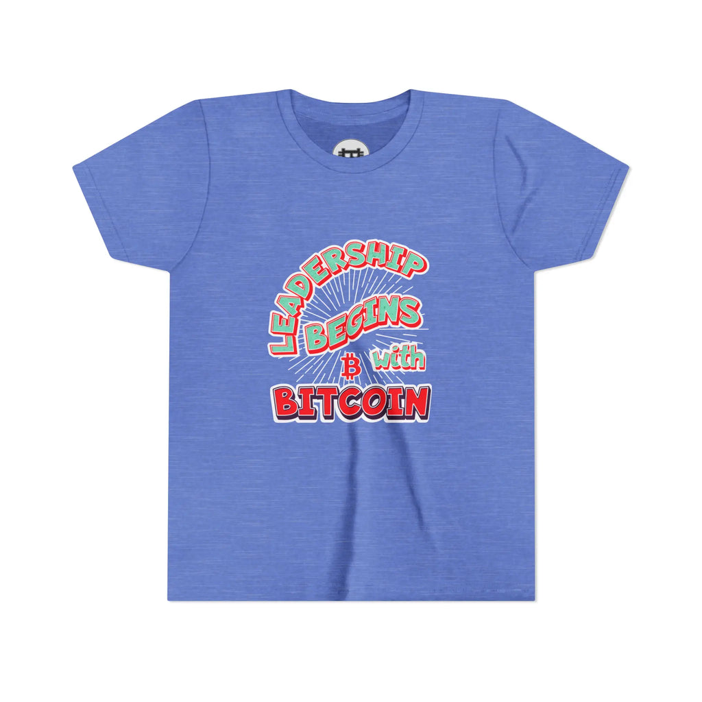 Leadership Begins With Bitcoin Youth T-Shirt - Heather Columbia Blue - Bella Canvas 3001Y Flat View - Bitcoin Apparel