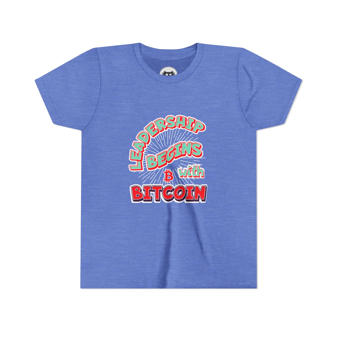Leadership Begins With Bitcoin Youth T-Shirt - Heather Columbia Blue - Bella Canvas 3001Y Flat View - Bitcoin Apparel