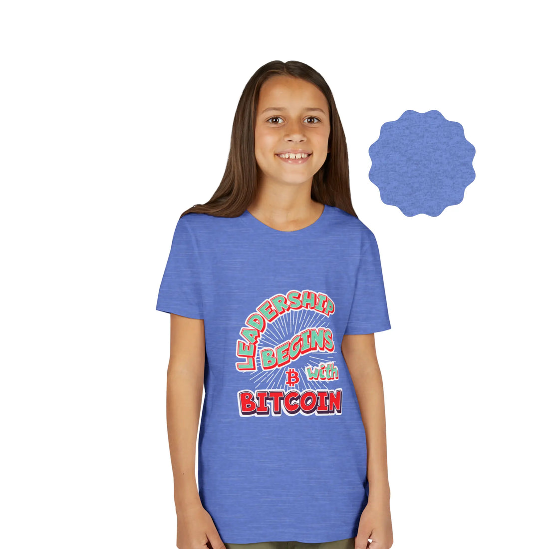 Leadership Begins With Bitcoin Youth T-Shirt - Heather Columbia Blue - Bella Canvas 3001Y Model Front - Bitcoin Apparel
